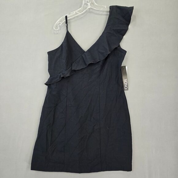 XOXO Black Mini Dress NEW Stretch Bodycon Preppy Ruffle Sleeveless Zip Women XXL - Picture 1 of 9